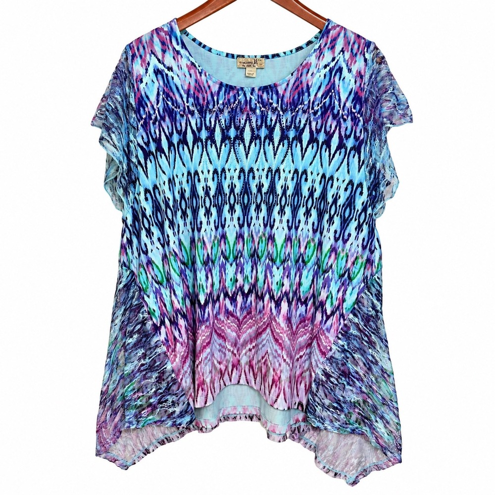Oneworld Live and Let Live XL Blue Purple Ikat Lace Trim Sharkbite Tunic Top